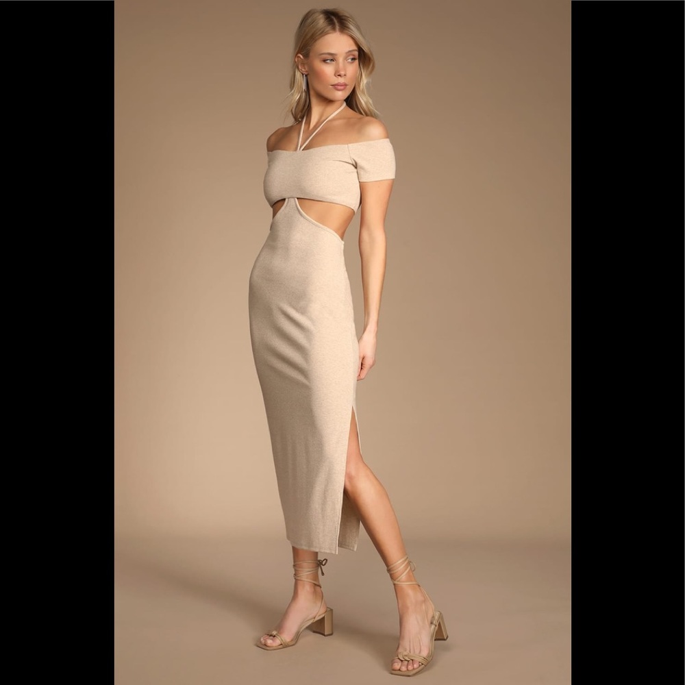 NWT Lulus All About the Trends Beige Halter Off-the-Shoulder Cutout Dress